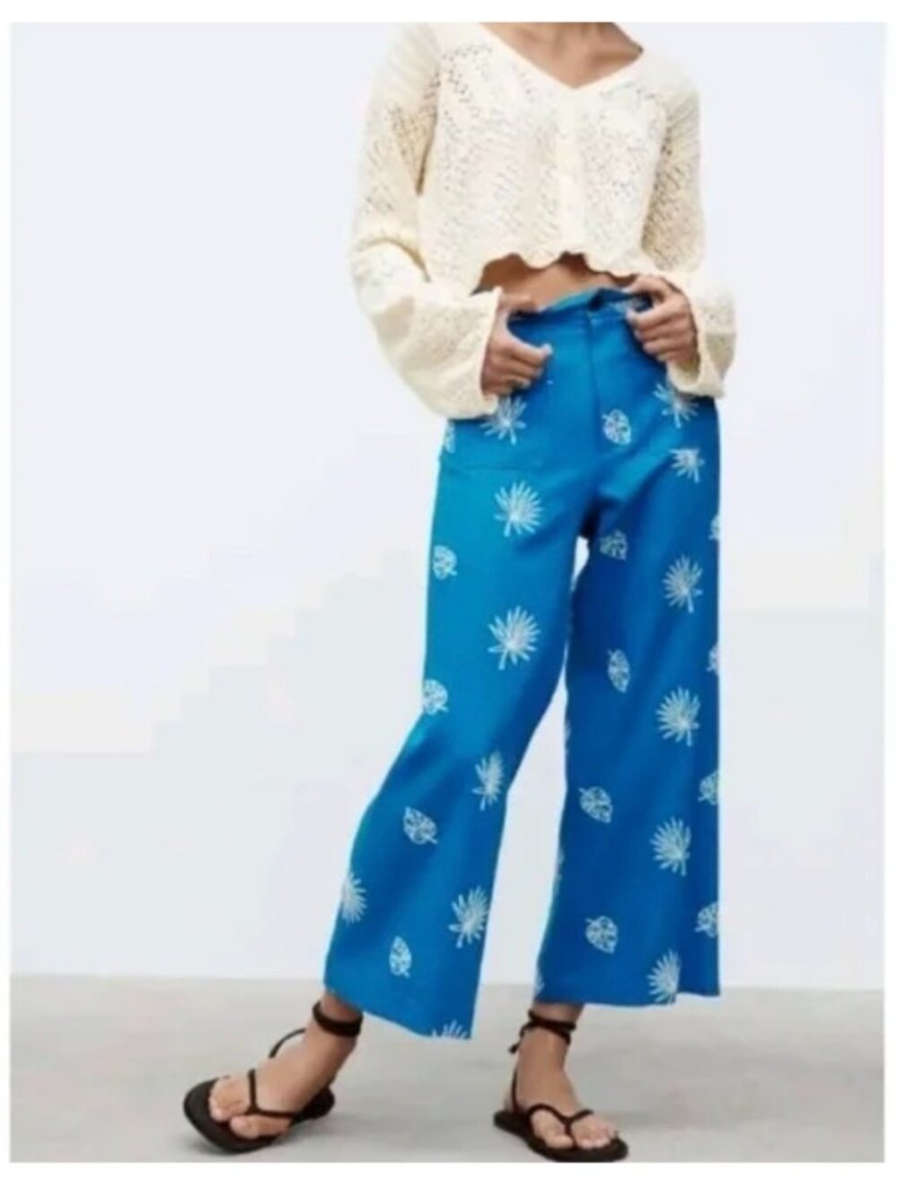 Zara Blue Wide-Leg Cropped Pants w/Embroidery High-Waist Size Small with Belt